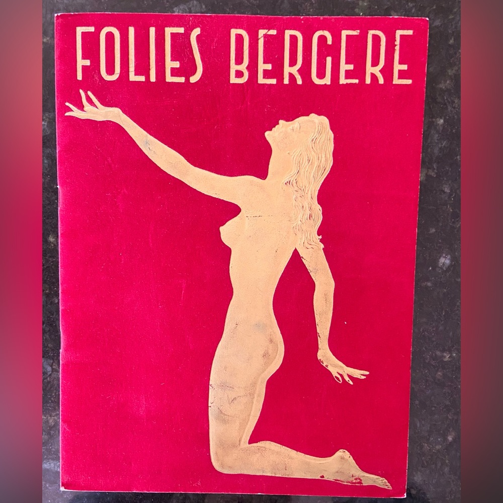 Folies Bergere ‘58 Ed, Paris, Velvet Red, Embossed Metallic Gold Cover E…